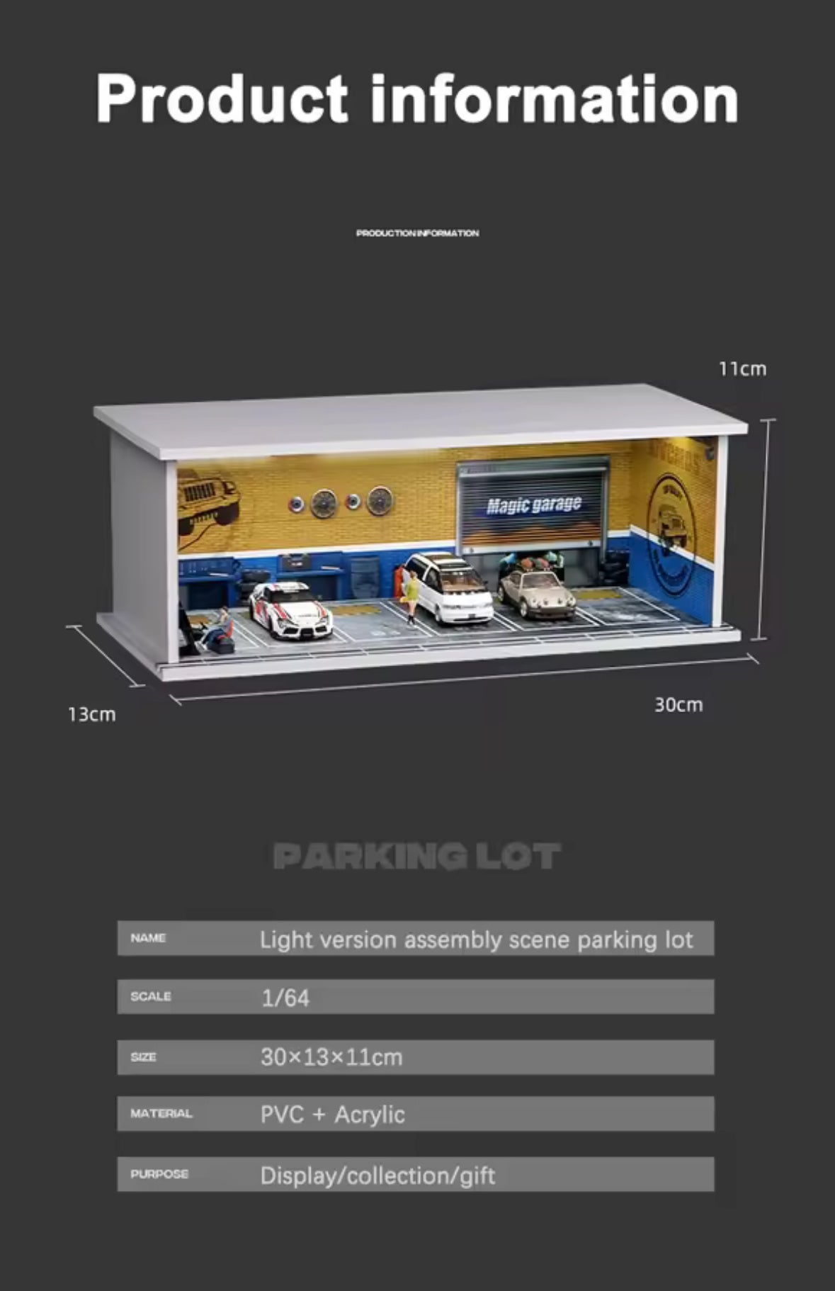 1/64 Garage scene Model Scene with Light Version Simulation Model Scene Decoration Collect (Excluding dolls and car models