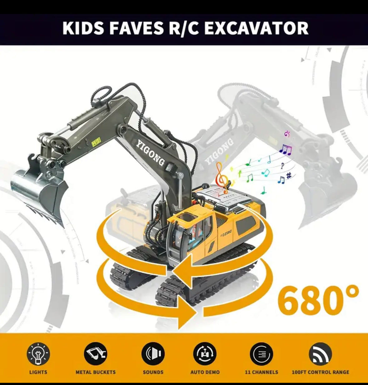 Remote control excavator toy for boys,Rc construction toy with metal shovel,light ,sounds,2.4ghz,turn 680 degree 1/18 scale