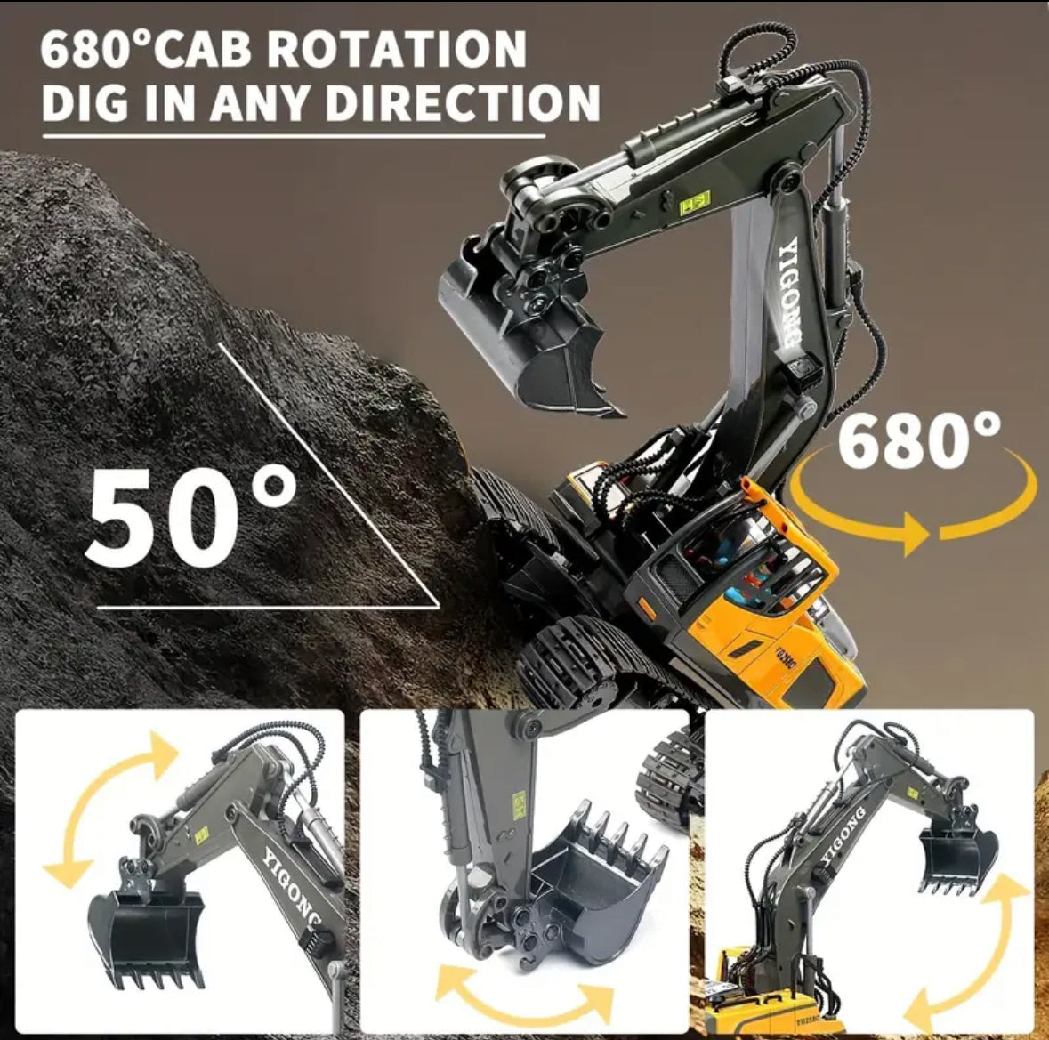 Remote control excavator toy for boys,Rc construction toy with metal shovel,light ,sounds,2.4ghz,turn 680 degree 1/18 scale