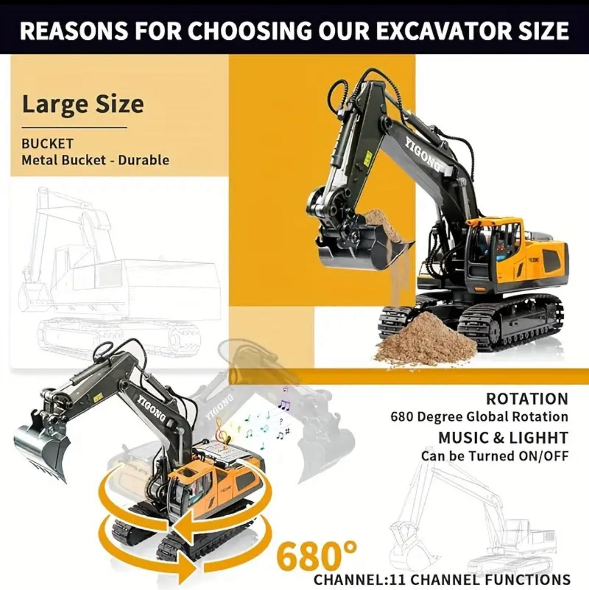Remote control excavator toy for boys,Rc construction toy with metal shovel,light ,sounds,2.4ghz,turn 680 degree 1/18 scale