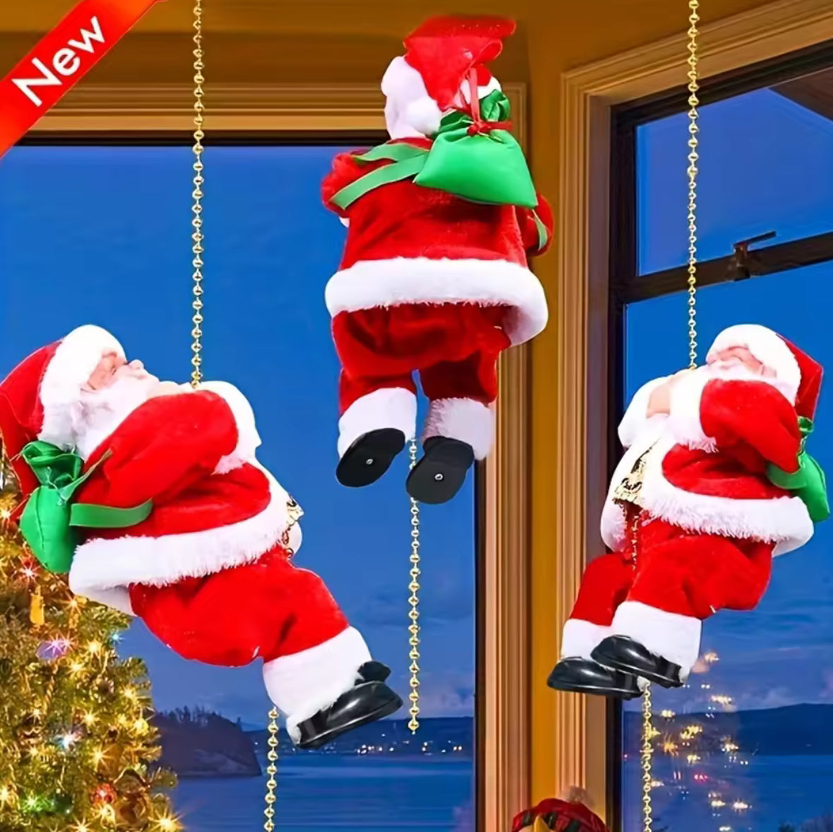 Santa Claus Climbing Beads Battery Operated Electric Climb Up and Down Climbing Santa with Light Music Christmas Decor Ornament