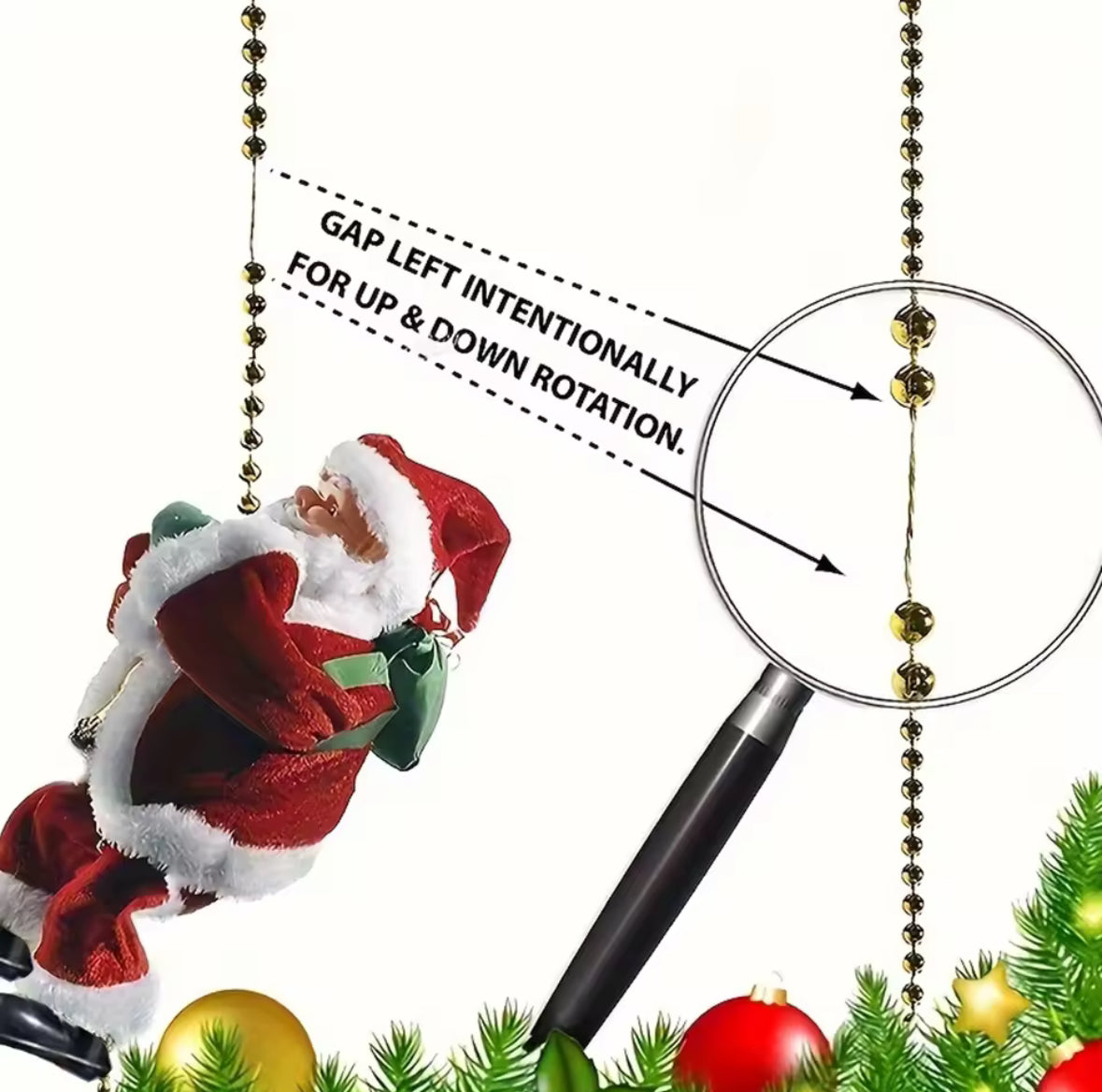 Santa Claus Climbing Beads Battery Operated Electric Climb Up and Down Climbing Santa with Light Music Christmas Decor Ornament